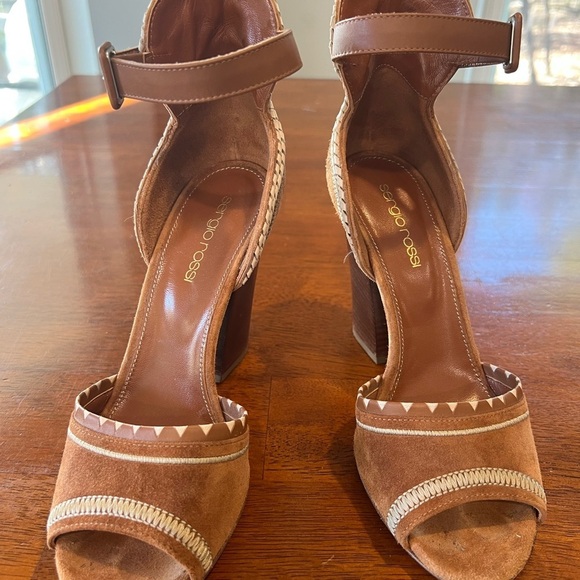 Sergio Rossi Suede Ankle Strap Heels Block Heel Sandals Brown Size 6 - Picture 8 of 11